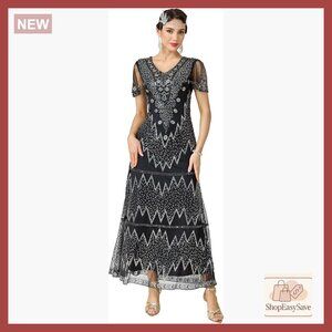 V-Neck Sequin Beaded Maxi Dress Formal Evening Gown Gatsby Style